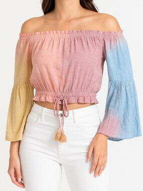 Surf Gypsy Off Shoulder Tie Dye Peasant Blouse Medium Bell Sleeve Boho Top